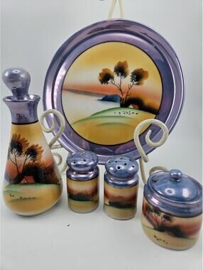 RARE 5pc Japanese Lusterware Condiment Set -Tray Decanter Moriage Cottage Set 1